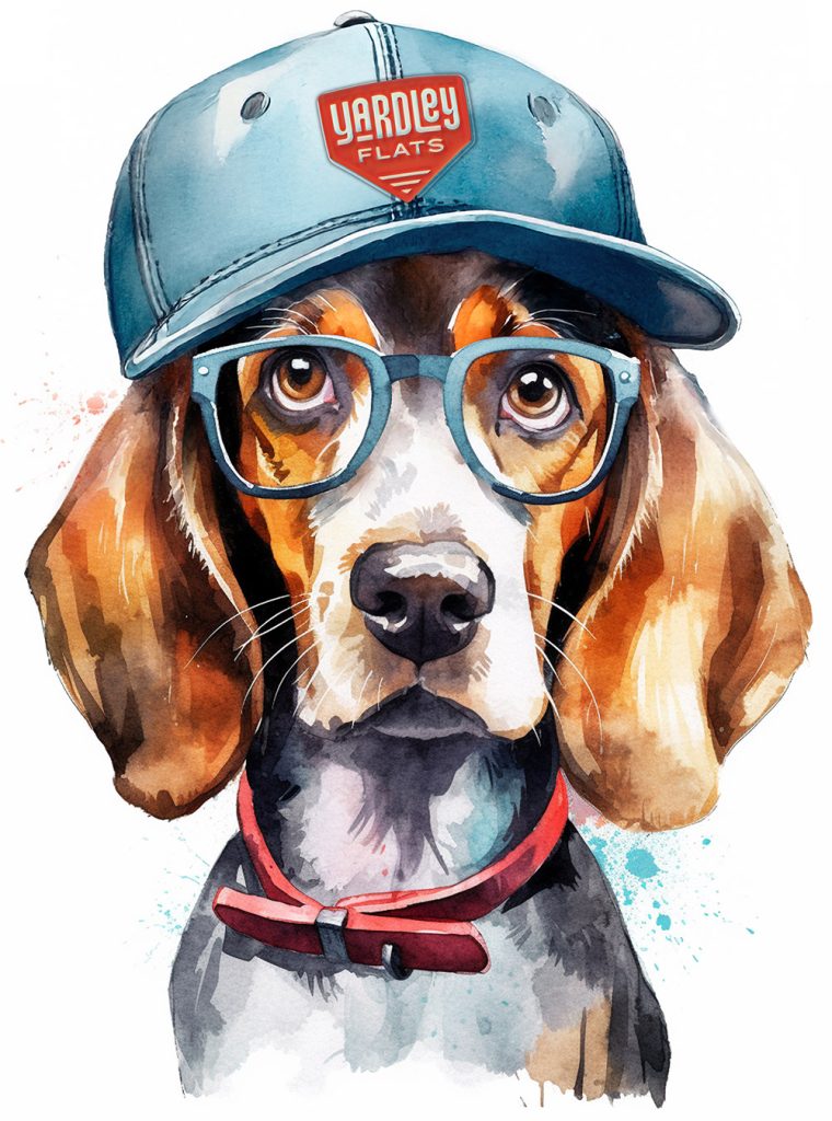 Apartments For Rent Downtown Knoxville A beagle wearing a blue baseball cap labeled "Yardley Flats" and blue glasses, with a red collar, illustrated in a watercolor style. Knoxville Apartments