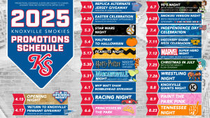 Apartments For Rent Downtown Knoxville 2025 Knoxville Smokies Promotions Schedule poster featuring various themed nights, giveaways, and events from April 4 to September 6, including Replica Alternate, 90's Night, and Marvel Night. Knoxville Apartments