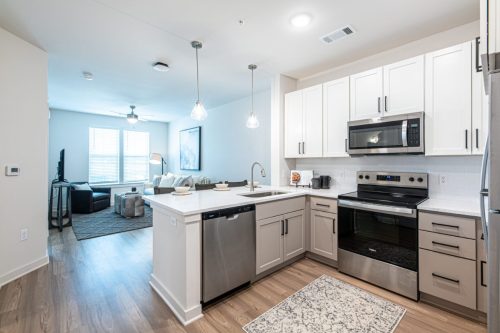 Apartments For Rent Downtown Knoxville Modern kitchen with white cabinets, stainless steel appliances, and an island, opening to a living room with large windows and a gray sofa. Knoxville Apartments
